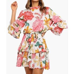 Petal and Pup Ruffle Mini Dress Size M High Neck Floral Spring Wedding Easter